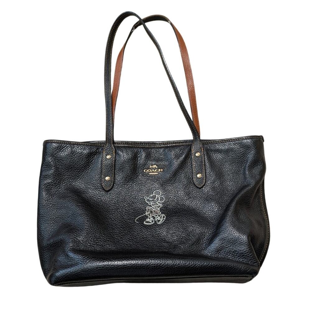 Coach x Disney Minnie Mouse Pebbled Leather Tote Shoulder Bag Black Leather